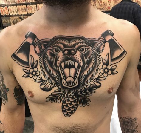 Chicano Traditional Tattoo, Bear Chest Tattoo, Ryan Tattoo, Tattoo Rug, Coverup Ideas, Grizzly Bear Tattoos, Traditional Chest Tattoo, Traditional Tattoo Man, Bear Tattoo Designs