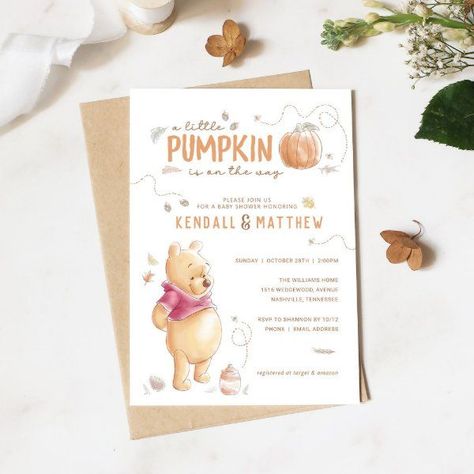 Winnie the Pooh Fall Harvest Pumpkin Baby Shower Invitation Winnie The Pooh Fall, Pumpkin 1st Birthdays, Winnie The Pooh Baby Shower, Disney Baby Shower, Winnie The Pooh Birthday, Invitations Design, Pumpkin Birthday, Harvest Pumpkin, Pooh Baby