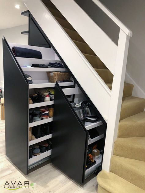 Pull out storage from Avar Furniture Shoe Storage Pull Out, Under Staircase Ideas, Small Home Bar, Bar Under Stairs, Under Stairs Storage Ideas, Stairs Storage Ideas, L Shaped Shelves, Small Bars For Home, Under Stairs Storage