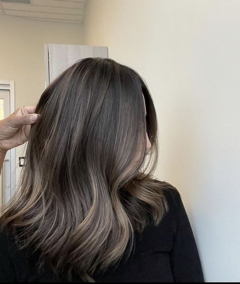 Ash Blonde Balayage On Black Hair Straight, Going From Balayage To Brown, Ash Brown Subtle Balayage, Ash Mocha Highlights, Brunette Balayage Neutral, Balayage Hair On Asian Black Hair, Ombre Hair Color Asian, Ash Blonde Hair For Brunettes, Ashy Mid Brown Hair