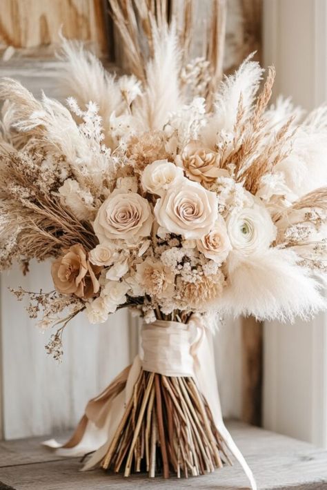 Looking for a bouquet as unique as your love story? Boho wedding bouquets capture natural beauty and individuality with bold designs, dried flowers, and wild textures. From vibrant desert tones to delicate greenery, these arrangements are perfect for whimsical ceremonies. Celebrate your free-spirited style with these ten inspiring ideas. See how these boho creations can elevate your special day. Pompadour Grass Wedding Bouquet, Pampas Grass Bouquets, Dried Flower Wedding Arrangements, Organic Wedding Aesthetic, Western Bouquet Wedding, Simple Boho Bouquet, Bride Bouquets Boho, Dried Flower Boquet, Boho Style Wedding Decoration