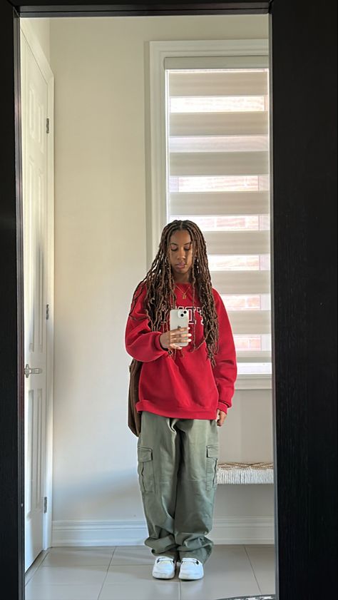 red sweatshirt + green cargos + metallic 4s Colour Combo Fits, Olive And Red Outfit, Green And Red Outfit Aesthetic, Green Cargo Fits, Green Hoodie Outfits, Metallic 4s, Red Sweatshirt Outfit, Green And Red Outfit, Red Hoodie Outfit