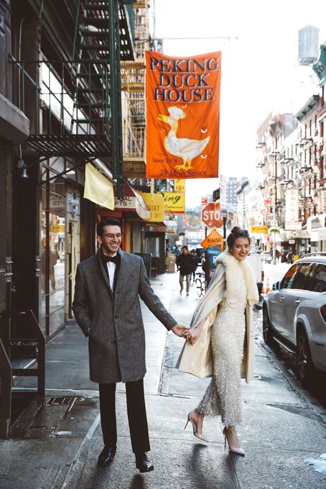 Wedding Dress With Coat, Low Maintenance Wedding, Chinatown Wedding, City Hall Bride, Original Wedding Dress, City Hall Wedding Dress, City Hall Wedding Photos, New York City Hall, Nyc Elopement