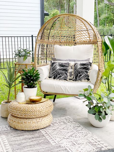 Egg Chair Addition to Our Back Porch | Aubrey Swan Blog Egg Chair Patio Ideas, Garden Egg Chair Ideas, Egg Chair Outdoor Decor, Egg Chair Porch Ideas, Egg Chair Decoration Ideas Patio, Patio Egg Chair Decor, Front Patio Chairs, Patio With Egg Chair, Egg Chair Outdoor Patio Decor