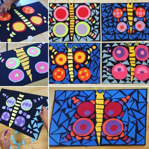 Definitely making these mosaic butterflies as soon as spring finally arrives! These were made by my 2nd & 3rd Grade summer art students… Butterfly Mosaics, Mosaic Butterflies, Third Grade Art, First Grade Art, Spring Art Projects, 2nd Grade Art, 4th Grade Art, 3rd Grade Art, Art Camp