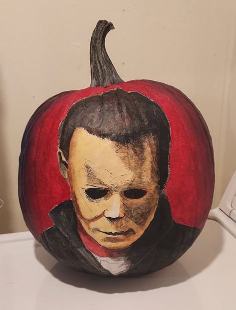 Micheal Myers Pumpkin Painting Ideas, Pumpkin Painting Designs Scary, Scary Halloween Pumpkins Painted, Painting Pumpkin Ideas Scary, Scary Movie Pumpkin Painting, Michael Myers Pumpkin Painting, Jason Pumpkin Painting, Scary Painted Pumpkin Ideas, Penny Wise Pumpkin Painting