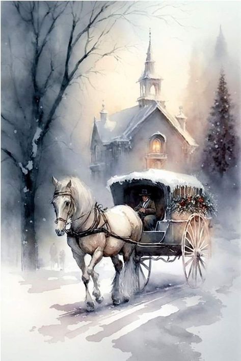 Images Noêl Vintages, Snow Illustration, Beautiful Winter Scenes, Winter Horse, Paper Decoupage, Winter Landscape Painting, Rice Paper Decoupage, Storybook Art, Christmas Scenery