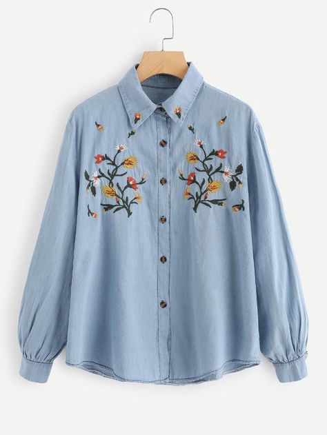 Shop Botanical Embroidered Denim Shirt online. SheIn offers Botanical Embroidered Denim Shirt & more to fit your fashionable needs. Denim Shirts For Girls, Stylish Jeans Top, Ladies Stylish Tops, Ruffle Shirts, Best Casual Shirts, Embroidered Denim Shirt, Denim Embroidery, Lined Denim Jacket, Womens Denim Shirt