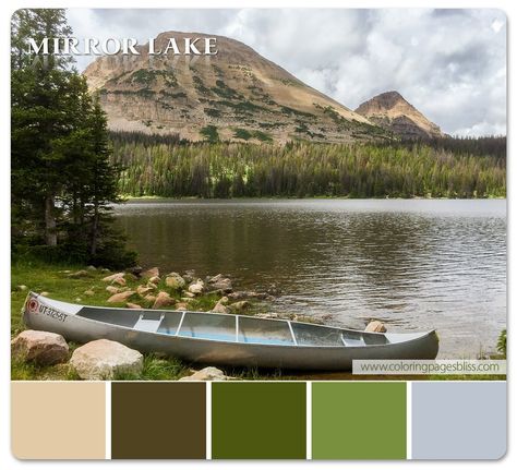 Mirror Lake with Canoe Color Palette Printable Coloring Pages For Adults, Coloring Pages Adult, Mirror Lake, Grayscale Coloring, Cool Coloring Pages, Color Pencil Art, Mountain Lake, Watercolour Tutorials, Beautiful Mountains