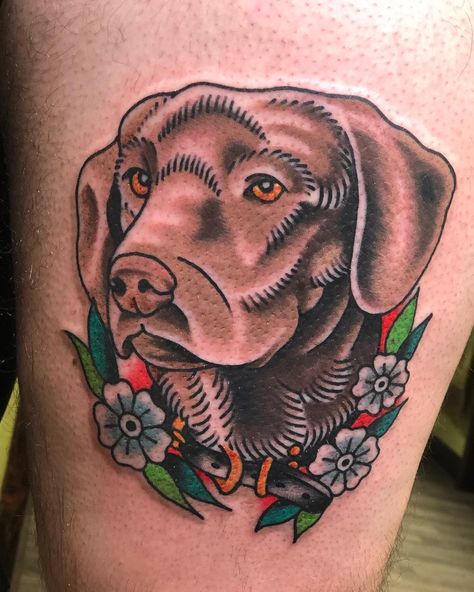 Dog tattoo- pet portrait tattoo - chocolate lab Lab Traditional Tattoo, American Traditional Labrador Tattoo, Traditional Labrador Tattoo, American Traditional Pet Portrait, American Traditional Dog Portrait, Chocolate Lab Tattoo Ideas, Traditional Pet Portrait Tattoo, Traditional Style Dog Tattoo, Neo Traditional Dog Tattoo