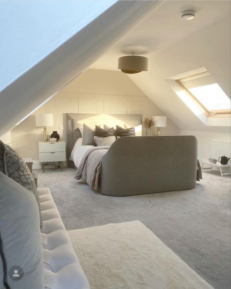 Attic Bedroom Door, Attic Room With Dormers, Long Attic Bedroom Ideas, Grey Attic Bedroom, Future House Ideas Decorating Bedroom, Attic Bedroom Makeover, Panelling Attic Room, Bedroom Inspo Attic, Room Decor Bedroom Slanted Ceiling