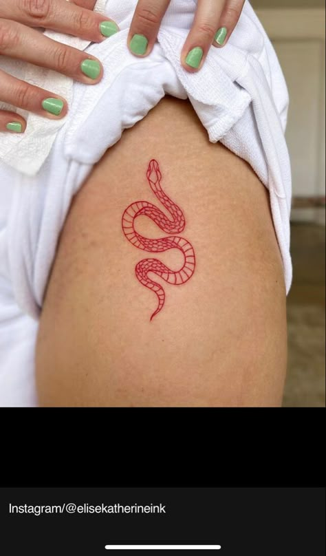 Red Tattoo Snake, Red Filler Tattoo, Small Red Snake Tattoo, Snake Tramp Stamp, Red Ink Snake Tattoo, Delicate Snake Tattoo, Red Snake Tattoo, Sticker Sleeve, Memories Ideas