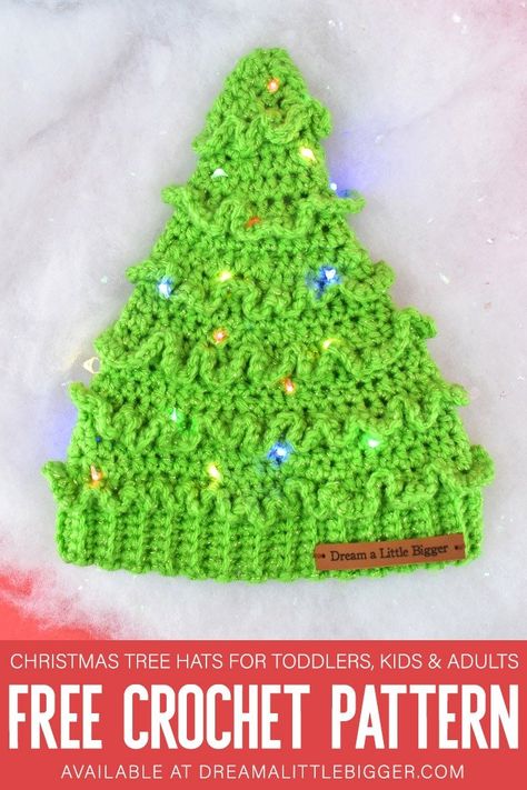 Crochet Christmas Tree Hats Free Pattern ⋆ Dream a Little Bigger Christmas Tree Hat Crochet, Crochet Christmas Tree Hat, Funny Christmas Hats, Toddler Christmas Tree, Crochet Santa Hat, Tree Hat, Crochet Christmas Hats, Christmas Tree Hat, Crochet Christmas Tree