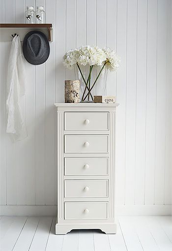 Rockport Ivory tall chest of drawers. Furniture and ideas on how to decorate a coastal beach house style from The White Lighthouse Drawers Decor, Chest Of Drawers Decor, Drawers Ideas, New England Furniture, Drawer Decor, Tallboy Chest Of Drawers, White Lighthouse, Shabby Chic Bedroom Furniture, Boy Dresser