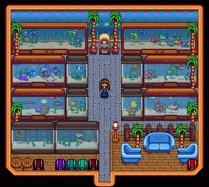 🍏 I love fish IRL and I had to make this for these babies I wish I could make this into a screensaver. 🍏Youtube : FannieSmithApple Stardew Fish Pond Layout, Stardew Valley Aquarium Room, Stardew Valley Fish Pond, Fishing Stardew Valley, Stardew Layout, Stardew Ideas, Forest Farm, Big Sheds, Stardew Valley Layout