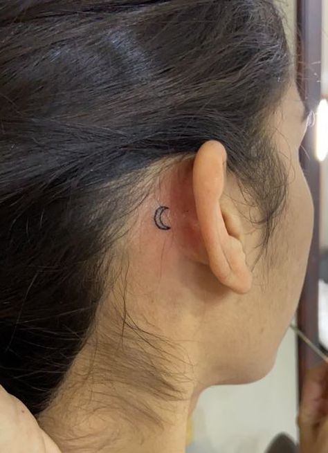 Behind The Ear Tattoo Ideas Moon, Small Moon Tattoo Behind Ear, Fine Line Behind Ear Tattoo, Behind Ear Tattoo Moon, Moon Tattoo Ear, Crescent Moon Tattoo Behind Ear, Ear Tattoo Moon, Moon Ear Tattoo, Moon Behind Ear