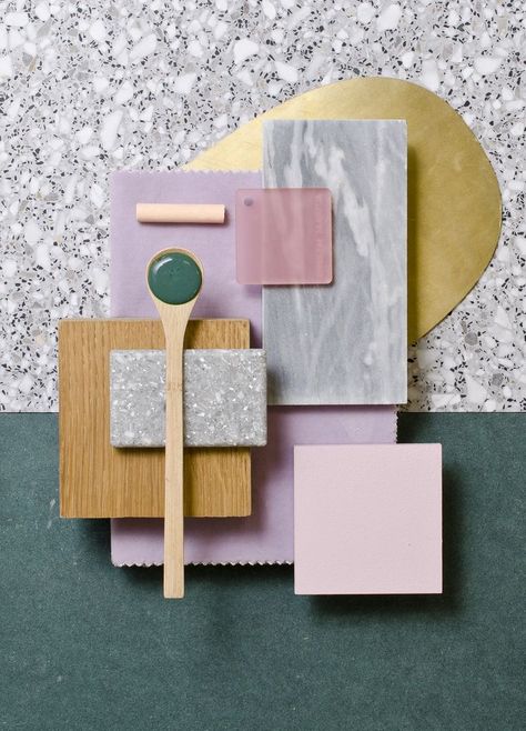 Weekly material mood 〰 Forest Green, soft pruple and brass #brass #terrazzo…groen keuken Mood Board Interior, Brass Interior, Sample Board, Purple Interior, Material Board, Material Palette, Materials And Textures, Mood Board Design, Colour Board