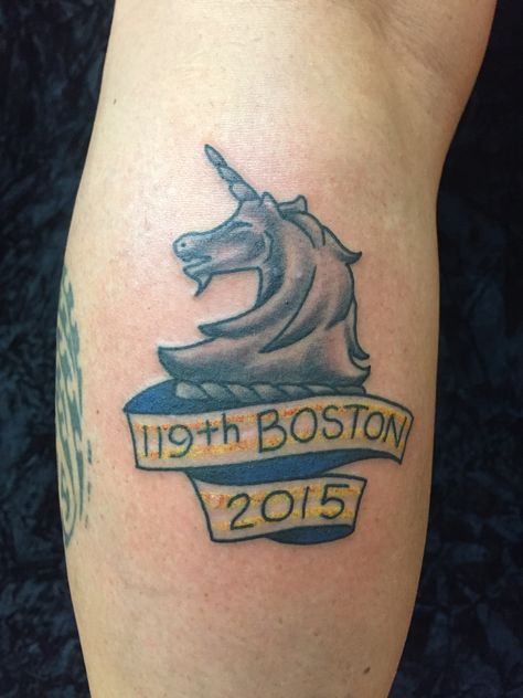 Boston Marathon tattoo Boston Marathon Unicorn Tattoo, Boston Marathon Tattoo Ideas, Boston Marathon Tattoo, Marathon Tattoo Ideas, Female Firefighter Tattoo, Running Tattoos, Marathon Tattoo, Beachy Tattoos, Boston Tattoo