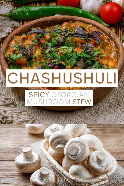 Chashushuli is a spicy Georgian stew that is absolutely delicious. This mushroom version is completely vegan and uses a ton of authentic flavours that are sure to be a hit! Stew Vegan, Yogurt Drink, Georgian Cuisine, Georgian Food, Eastern European Recipes, Resep Smoothie, Mushroom Stew, Peanut Butter Banana Smoothie, Banana Peanut Butter