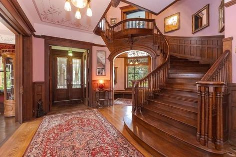 1890 Victorian For Sale In Lexington Illinois Queen Anne Victorian House Interior, Queen Anne Victorian House, Queen Anne House, Queen Anne Victorian, Floating Staircase, Victorian House, Dream House Decor, Contemporary Living, Staircases