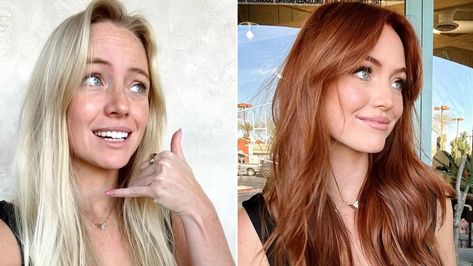 This Natural Blondie Goes Viral After Dyeing Her Hair Red Blonde Or Red Hair, Copper On Blonde Hair, Blond To Red Hair Before And After, From Blonde To Red Hair Before And After, Blonde To Auburn Before And After, Blonde To Copper Hair Before And After, Blonde To Red Hair Before And After, From Blonde To Red, Hair Color Cherry Coke