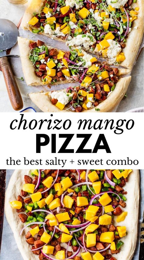 This Chorizo Mango Pizza uses chorizo in place of pizza sauce and is topped with fresh mango, poblano peppers and burrata cheese. It’s a must-try! Chorizo Recipes Dinner, Chorizo Pizza, Microgreens Recipe, Pizza Pasta Recipe, Spicy Pizza, Sweet Pizza, Poblano Pepper, Chorizo Recipes, Poblano Peppers