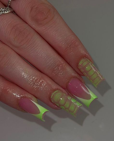 Green Double French Tip Nails, Green French Tips Nails, Pink And Green French Tip Nails, Lime Green Acrylic Nails, Ombre French Nails, Neon Green Nails, Green Acrylic Nails, Hello Nails, French Tip Nail Designs