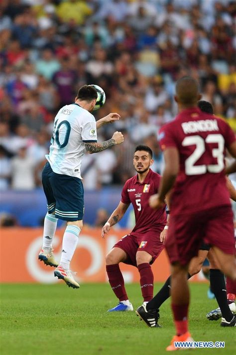 Venezuela 0 Argentina 2 in June 2019 at the Maracana, Rio. Lionel Messi heads the ball across goal in the Copa America Quarter Final. Lionel Messi, Basketball Court, Sports Jersey, Sports, Argentina