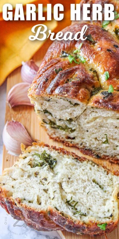 Make this fluffy and tender garlic herb bread to accompany any Italian meal! Self-rising flour is mixed with yeast, allowed to rise just once, then rolled out and spread with butter, garlic, and herbs. Sprinkle in some parmesan or other cheese for an extra cheesy and irresistible taste! Braided so it’s easy to pull apart, and baked to a shiny golden brown, this mouthwatering bread is sure to become a staple recipe! #garlicherbbread #garlicherbbreadrecipe #ourzestylife #recipehomemade Garlic Herb Bread Recipe, Savory Bread Recipes, Italian Herb Bread, Herb Bread Recipe, Italian Breads, Garlic Breads, Garlic Herb Bread, Savory Breads, Bread Winners