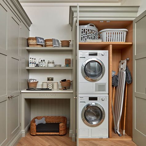 Walk In Larder Cupboard, Pantry Storage Room Ideas, Utility Room Hoover Storage, Hoover Storage Cupboard, Walk In Larder Utility Room, Utility Larder Cupboard, Tom Howley Kitchen Islands, Kitchen Pantry Utility Layout, Utility Room Storage Cupboards