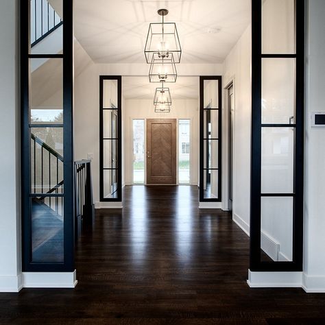 Wood Floors White Trim, Benjamin Moore Black, Dark Brown Wood Floors, Powder Room Paint Colors, Dark Brown Floor, Mudroom Flooring, Light Blue Walls, Dark Floors, Real Wood Floors