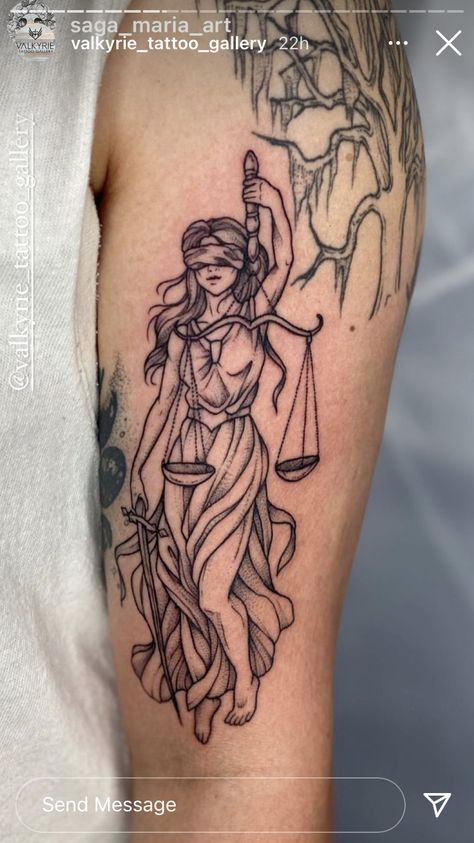 Woman Fighter Tattoo, Aphrodite Libra Tattoo, Justice Goddess Tattoo, Libra Goddess Tattoo Lady Justice, Themis Goddess Tattoo, Justice Tattoo For Women, Powerful Women Tattoo, Greek Goddess Tattoo Aphrodite, Goddess Of Justice Tattoo