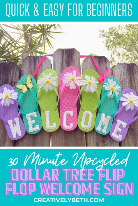 Dollar Tree Upcycled Flip Flop Welcome Sign Wooden Flip Flop Crafts, Flip Flop Welcome Sign, Flip Flop Wreath Diy Dollar Tree, Salt Crafts, Flip Flop Art, Flip Flop Wreath, Flip Flop Craft, Flip Flop Sign, Everyday Crafts