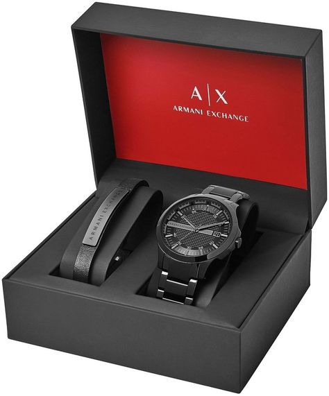 Armani Exchange Dress Watch Bracelet Gift Set Box For Watches, Expensive Men Gifts, Men's Birthday Gift, Luxury Gifts For Him, Anniversary Gift Ideas For Him, Black Leather Cuff Bracelet, Gift Set For Men, Mens Bracelet Black, Mens Dress Watches