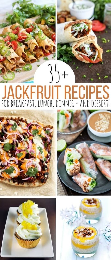 35+ delicious jackfruit recipes for breakfast, lunch, dinner - and dessert! This versatile fruit can imitate meat or take on a sweet flavor for desserts, making it the ultimate meatless option this year Vegan Jackfruit, Weight Watcher Desserts, Jack Fruit, Vegetarian Ideas, Jackfruit Recipes, Recipes For Breakfast, Low Carb Dessert, Recipes For Dinner, Vegan Cooking