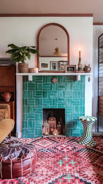 Hayley Stuart - DIY & INTERIORS on Instagram: "{ad} Fireplace makeover reveal with @worxuk 🔨 . This DIY project is something I have thought about doing for a while now and let me tell you, I’m so happy I did! It is also 100% reversible with very minimal wall damage, so it can revert straight back to its original brick at any time. I must also mention, it is not a working fireplace due to years of birds nest build up, so there is no fire risk. I made a backing board out of plywood and then seale Colorful Tile Fireplace Surround, Tile Faux Fireplace, Vintage Tile Fireplace Surround, Fireplace With No Fire, Funky Fireplace Ideas, 60s Fireplace, Plywood Fireplace, Beachy Fireplace, Eclectic Mantle