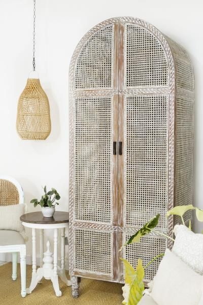 Wicker Armoire, Nature Inspired Furniture, Earthy Interior Design, Bohemian Style Interior Design, Earthy Interior, White Armoire, Tv Armoire, Australia House, Earthy Home Decor