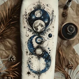 Unique Color Tattoos For Women, Meteor Shower Tattoo, Sky Tattoos For Women, Tattoo Moon And Stars, Gothic Tattoos For Women, Moon Tattoo Designs For Women, Halloween Themed Tattoos, Balance Tattoo, Celestial Tattoo