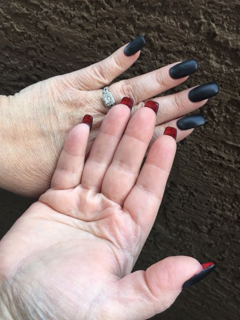 Matte black with red gel underneath. Louboutin design Red Underneath Nails, Black Nails Red Underneath, Nails Red Underneath, Nails With Red Underneath, Nails Red Tips, Border Nails, Red Sparkle Nails, Red Bottom Nails, Steampunk Nails