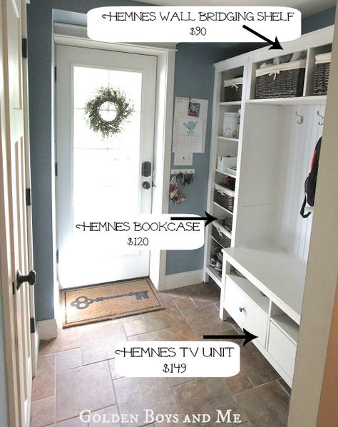 Entryway IKEA Hack. More genius from Golden Boys and Me Hemnes Bookcase, Ikea Stuff, Vstupná Hala, Hack Ikea, Mud Room Entry, Hacks Ikea, Mudroom Entryway, Mudroom Laundry Room, Office Color