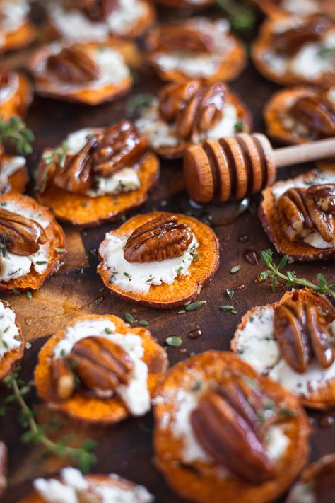 Halloween Sweet Potato, Fancy Potato Appetizers, Sweet Potato Goat Cheese Appetizer, Sweet Potato Party Food, Yam Appetizers, Sweet Potato Hors D’oeuvres, Hors Derves Appetizers, Potato Hors D’oeuvres, Sweet Potato Appetizer