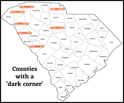 map of SC showing counties with a 'dark corner' area Poor House, Appalachian History, Lee Greenwood, York County, Dark Corners, Chester, Genealogy, South Carolina, The Hamptons