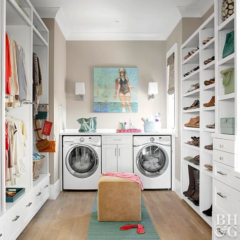 Washer And Dryer In Clothes Closet, Laundry With Closet, Closet And Laundry Room Ideas, Laundry Room With Clothes Storage, Closets With Laundry Room, Storage Bottom Of Closet, Master Laundry Room, Laundry Room With Closet Storage, Closet And Laundry Room Combo