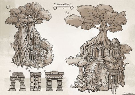 Jungle Architecture Concept, Jungle Illustration Concept Art, Jungle Temple Tattoo, Jungle Ruins Concept Art, Jungle City Concept Art, Ruined Temple Concept Art, Jungle Temple Concept Art, Fantasy Temple Concept Art, Temple Ruins Concept Art