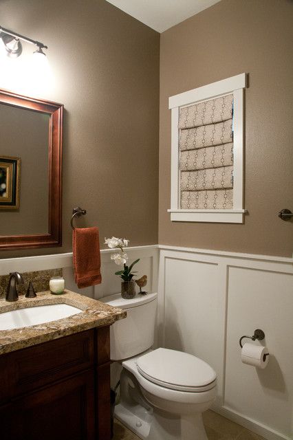 Featured Powder Bathroom - Traditional - Bathroom - Seattle - by Featured Kitchen and Bath, Inc. | Houzz Brown Tile Bathroom, Traditional Bathroom Remodel, Stone Tile Bathroom, Marble Bathroom Floor, Porcelain Tile Bathroom, Blue Painted Walls, Beige Cabinets, Recessed Panel Cabinets, Traditional Bathroom Designs