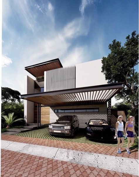 Parking Area In Front Of House, Home Car Parking Ideas, Car Porch Design, Car Porch, Midcentury Architecture, Modern Tropical House, Modern Trellis, Swimming Pool Architecture, Facade Architecture Design