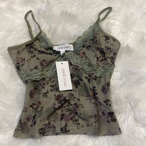 The cutest little fairy camo top with lace detail... - Depop Fairycore Diy, Pixie Grunge, Camo Top, Grunge Fairy, Burgundy Floral, Green Beige, Pink Rose, Sage Green, Lace Detail