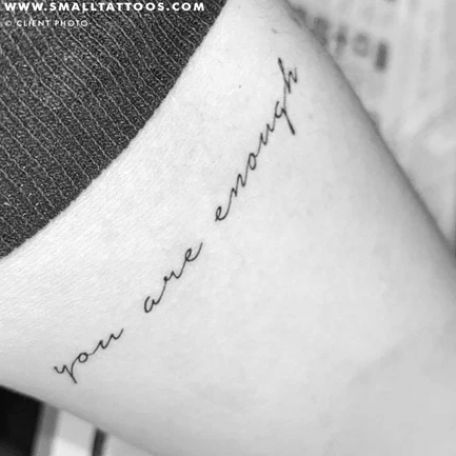 3 Best Friend Tattoos, Thigh Script Tattoo, Friend Tattoos Small, Enough Tattoo, Strong Tattoos, Matching Friend Tattoos, Small Quote Tattoos, Tattoo Schrift, Chic Tattoo