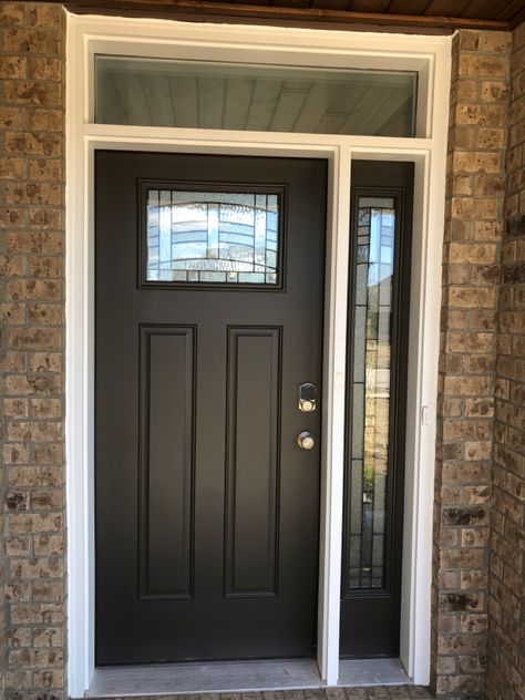 Maple Park Craftsman Door & Side Lite: Painted SW7020 Black Fox, Black Camming Single Front Door With One Sidelight, Beach House Front Doors, Front Door With One Sidelight And Transom, Black Upvc Front Door, Black Fox Front Door, Front Door With One Side Light, Black Craftsman Front Door, Decorative Glass Front Door, Beach House Front Door