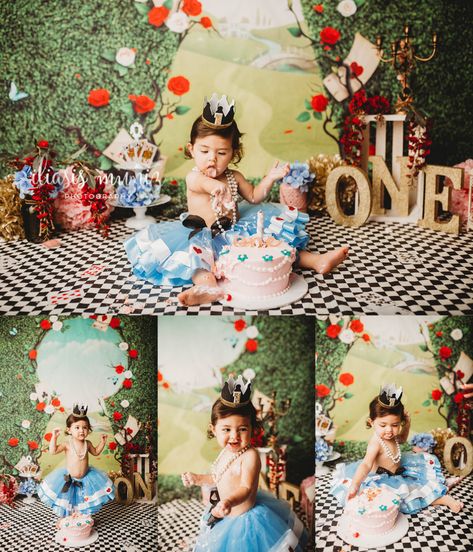 Alice In One Derland Photoshoot, Alice In Wonderland Cake Smash Photography, Alice In Wonderland Birthday Photoshoot, Alice In Onederland Party Decorations, Alice In Wonderland Party One Year Old, Onederland Photo Shoot 1st Birthdays, One In Wonderland, Cake Smash Alice In Wonderland, Onederland Birthday Photoshoot